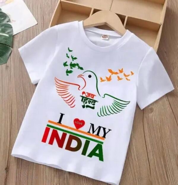 White kids’ t-shirt featuring a dove with tricolor wings, flying birds, “जय हिंद” in Hindi, and “I ❤️ MY INDIA” text with “INDIA” in saffron, white, and green